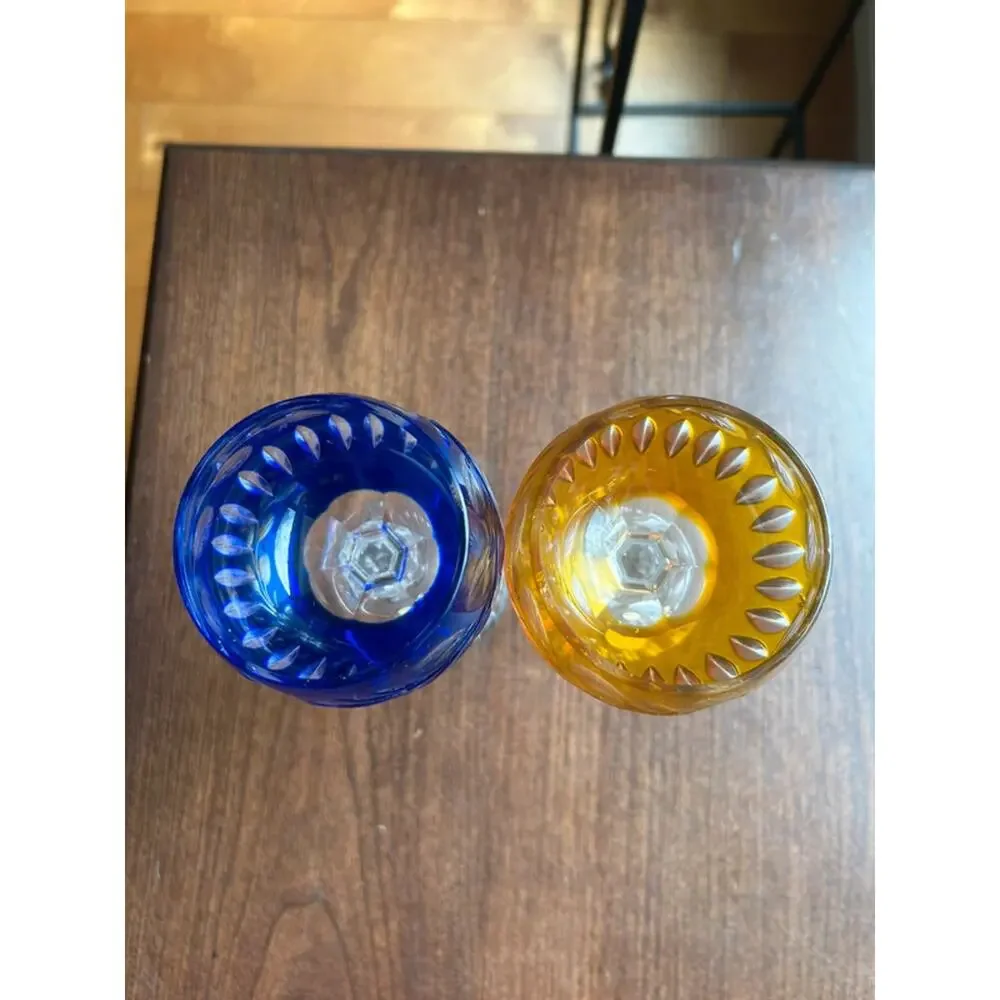 German Crystal Stemware golden yellow & blue Wine Glasses - Set of 2